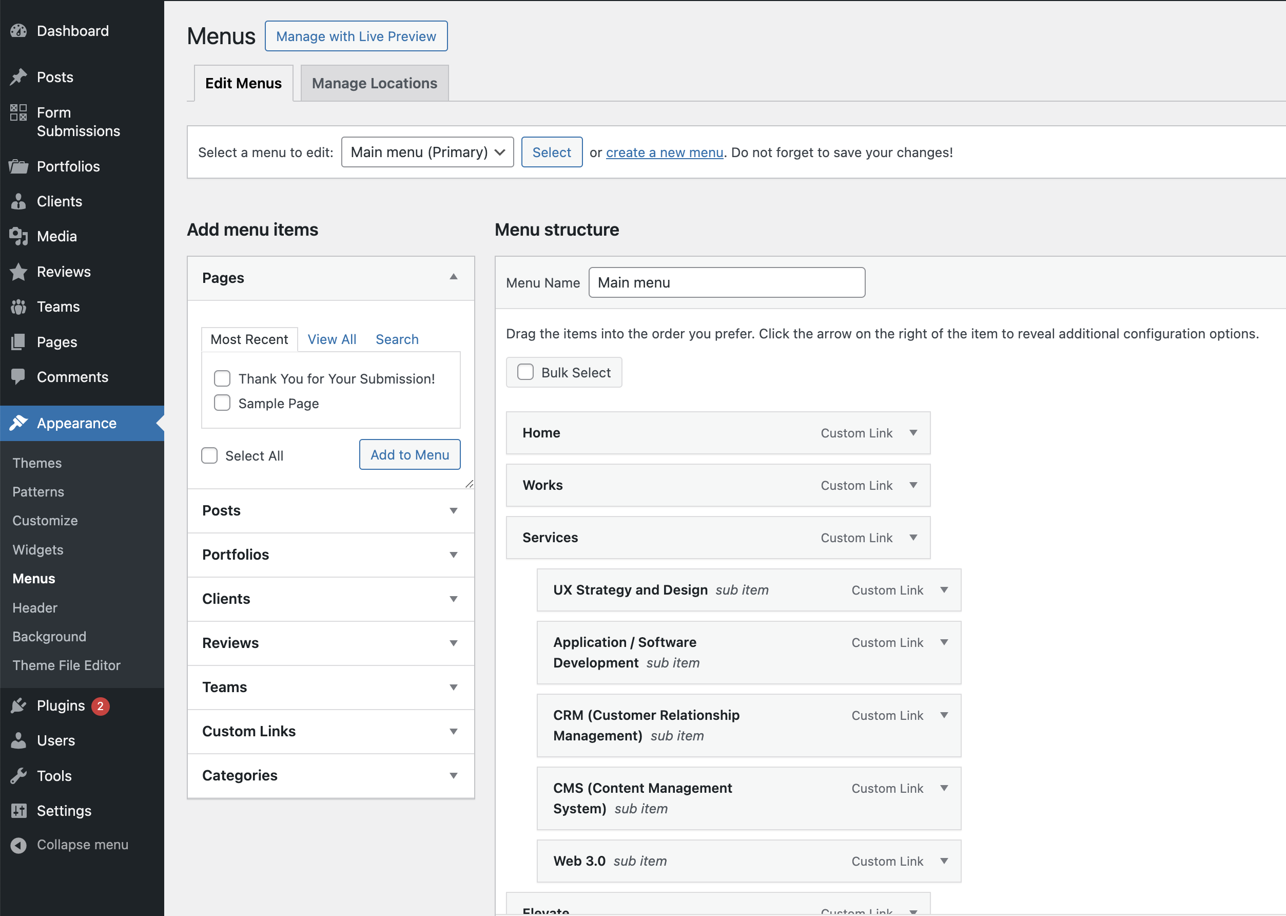 YNOdesigns.com ChatGPT 5 header Admin Menu